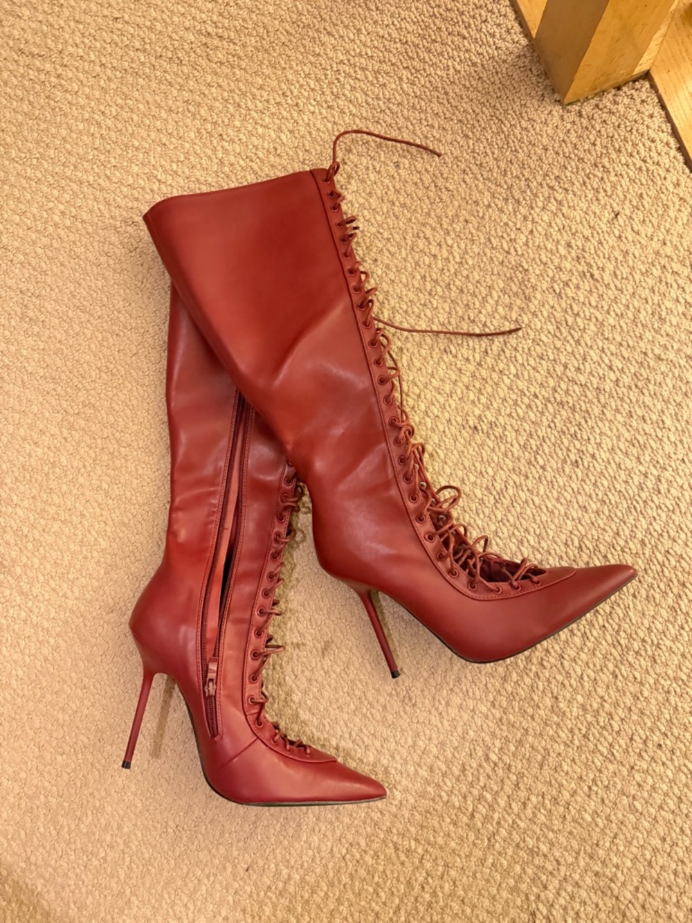 Fashion Nova Red Lace-Up Knee-High Stiletto Boots